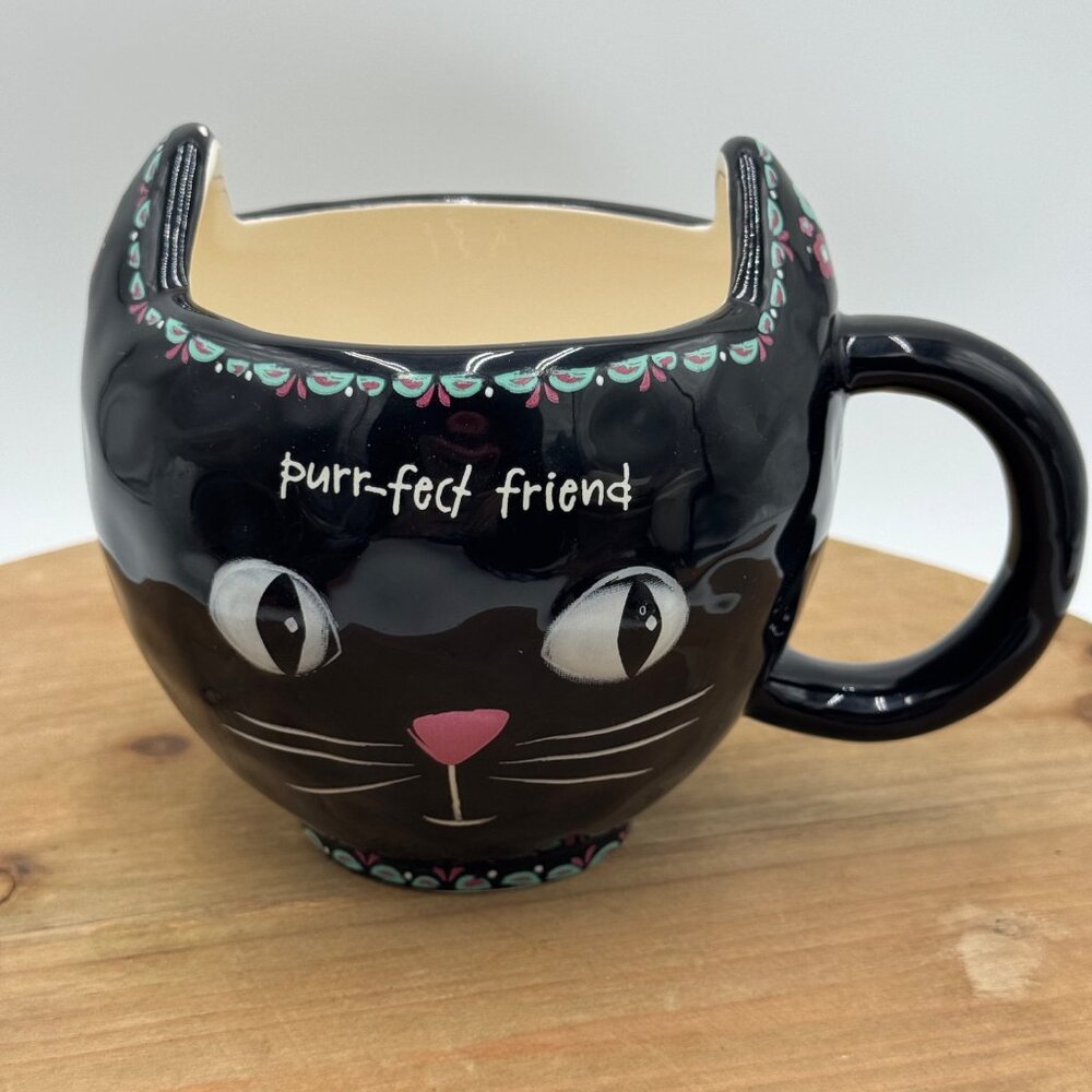 Unique Cup Tea Coffee Mug  PURR-FECT Friend  Cat Design by Natural Life black